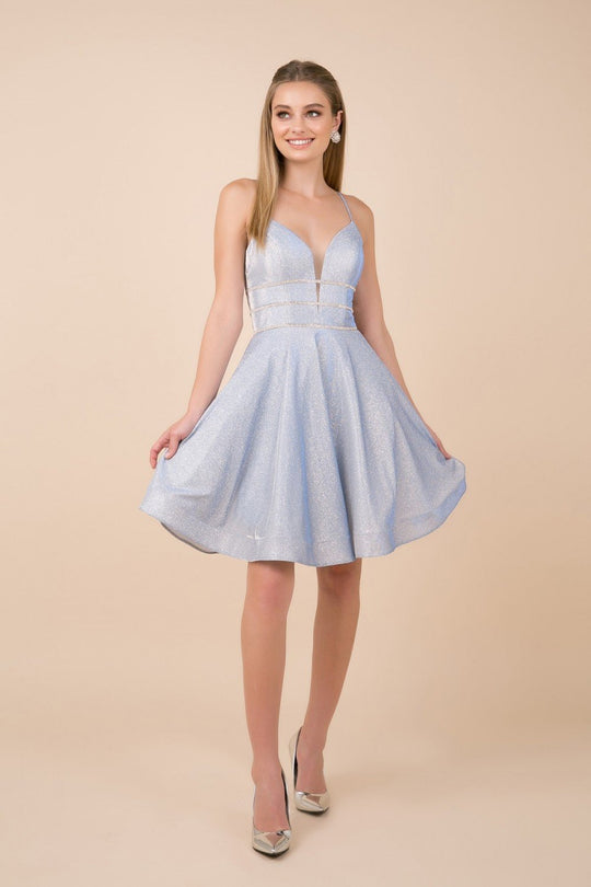 Nox Anabel - T685 Embellished Deep V-neck A-line Dress In Blue