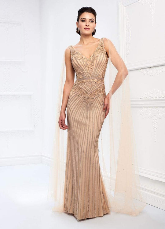 Ivonne D for Mon Cheri - 218D30 Beaded Lace V-neck Sheath Dress in Neutral