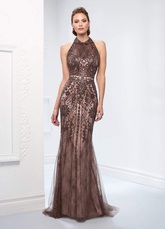 Ivonne D for Mon Cheri - 218D27 Beaded Lace Sheer Halter Fitted Dress in Brown