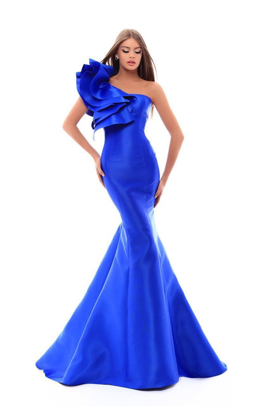 Tarik Ediz - 50202 Oversized Ruffle Asymmetrical Mermaid Gown In Blue