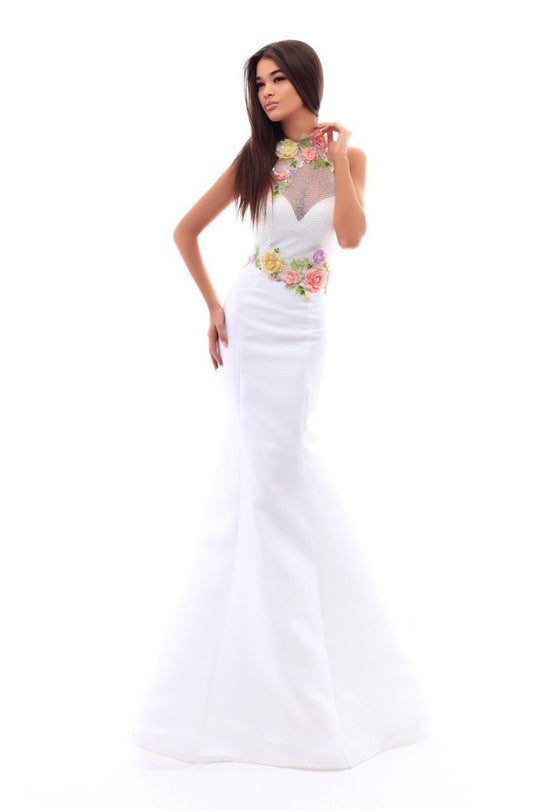 Tarik Ediz - 50203 High Neck Applique Embellished Fitted Gown In White