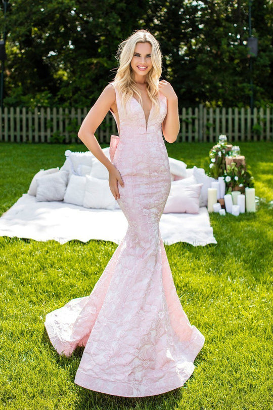Tarik Ediz - 50207 Jacquard Deep V-neck Mermaid Dress In Pink