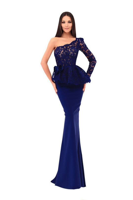 Tarik Ediz - 50212 Lace Asymmetric Sheath Dress In Blue