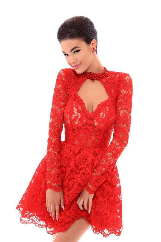 Tarik Ediz - 50215 Long Sleeve Diamond Cutout Illusion Bodice Dress In Red