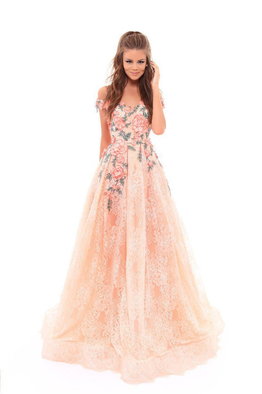 Tarik Ediz - 50221 Off-Shoulder Floral Embroidered Lace Ballgown In Pink and Floral