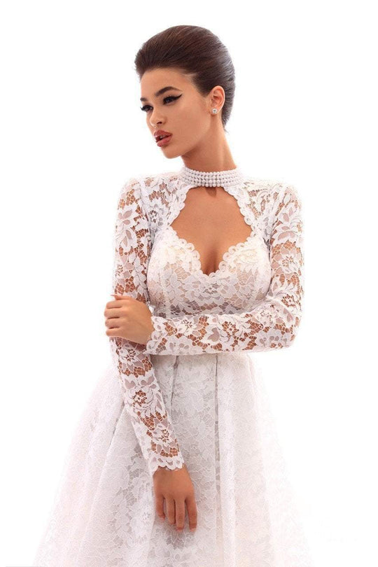 Tarik Ediz - 50224 Pearl Accented Illusion High Neck Long Sleeve Gown In White