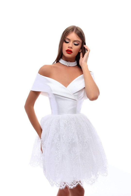 Tarik Ediz - 50226 Taffeta Off-Shoulder Lace A-line Dress In White