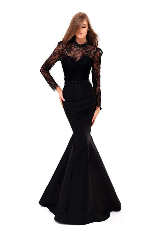 Tarik Ediz - 50227 Lace Long Sleeve Taffeta Mermaid Dress In Black