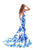 Tarik Ediz - 50228 Floral Print Sheer Neck Mermaid Dress In Blue and White