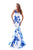 Tarik Ediz - 50228 Floral Print Sheer Neck Mermaid Dress In Blue and White