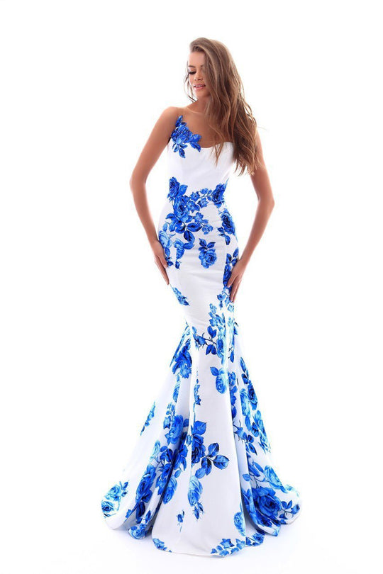 Tarik Ediz - 50228 Floral Print Sheer Neck Mermaid Dress In Blue and White