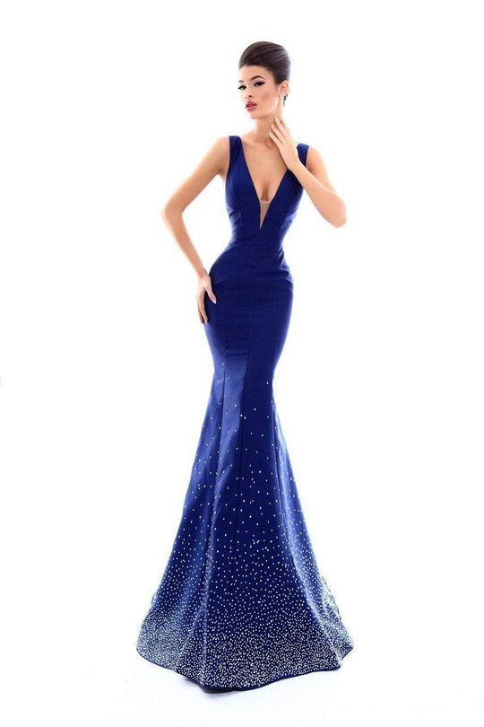 Tarik Ediz - 50229 Crystal Embellished Deep V-neck Mermaid Dress In Blue