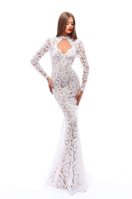 Tarik Ediz - 50230 Long Sleeve High Neck Lace Sheath Dress In White