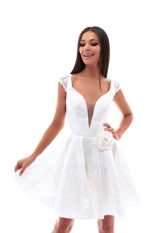 Tarik Ediz - 50235 Deep V-neck Lacy Back Short Dress In White