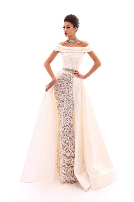 Tarik Ediz - 50239 Off Shoulder Sheath with Ballgown Overskirt In White