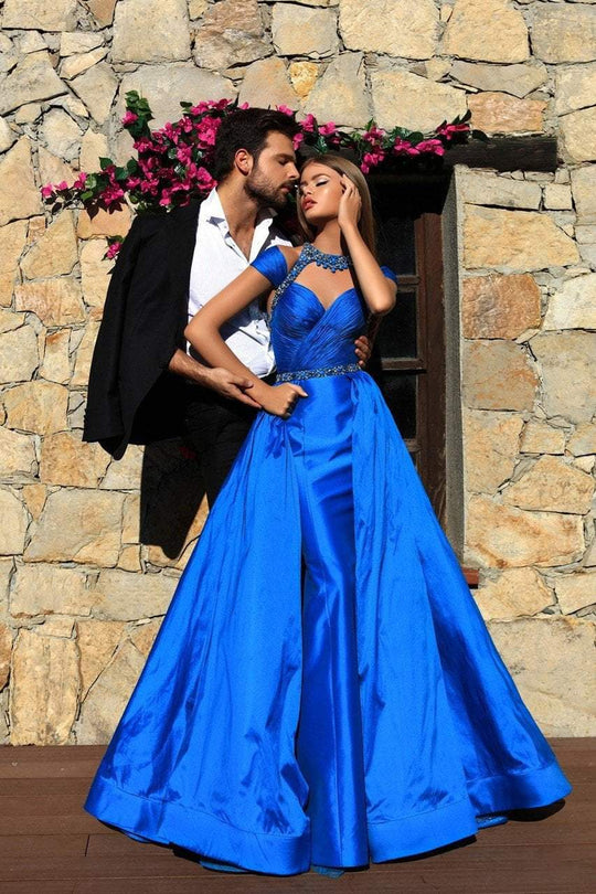 Tarik Ediz Halter Cold Shoulder Mermaid Gown 50244  in  Blue