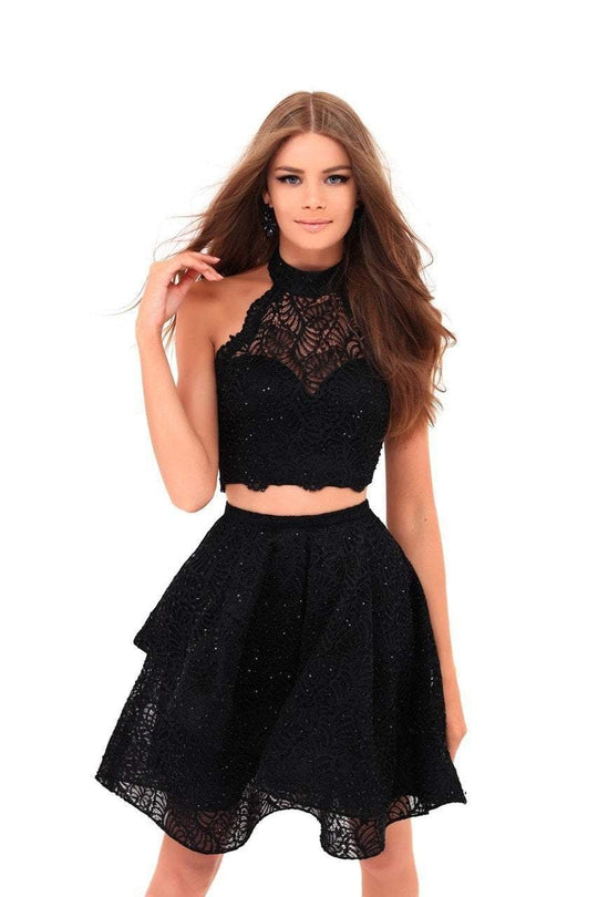 Tarik Ediz - 50248 Two Piece High Halter Beaded Lace A-line Dress In Black
