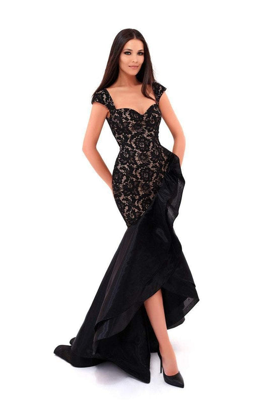 Tarik Ediz - 50252 Lace Fitted High Low Trumpet Dress In Black