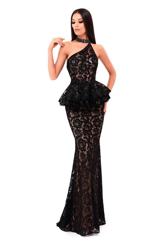 Tarik Ediz - 50264 Beaded High Neck Lace Sheath Dress In Black