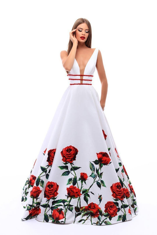 Tarik Ediz - 50275 Deep V-Neck Floral Print Ballgown In White