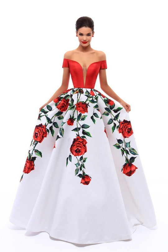 Tarik Ediz - 50276 Off-Shoulder Floral Print Taffeta Ballgown In Red