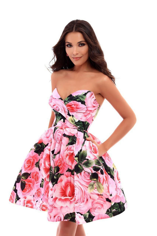 Tarik Ediz - 50279 Floral Print Sweetheart A-line Dress In Pink and Floral