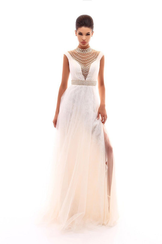 Sheer Neckline Pearl Embellished Tulle Gown 50285 in Ivory