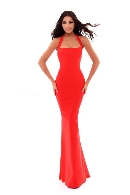 Tarik Ediz - 50286 Statuesque Halter Strap Sheath Gown In Red