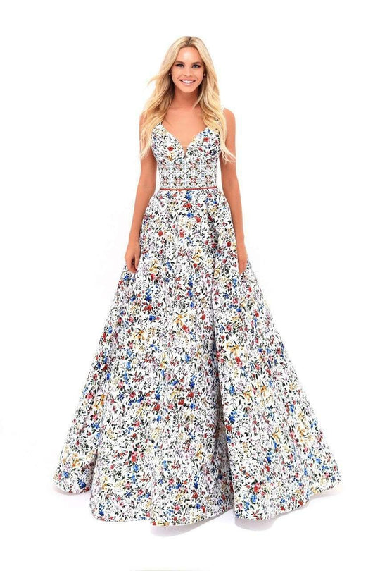 Tarik Ediz - 50287 Floral Deep V-neck Ballgown In White