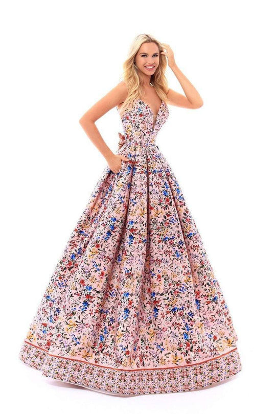 Tarik Ediz - 50290 Thin Strap Deep V-neck Ballgown In Pink and Floral