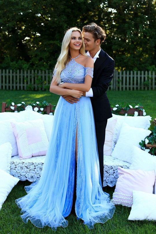 Tarik Ediz - 50295 Beaded Halter A-line Dress In Blue