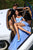 Tarik Ediz - 50301 Ruched Off Shoulder A-line Dress In Blue