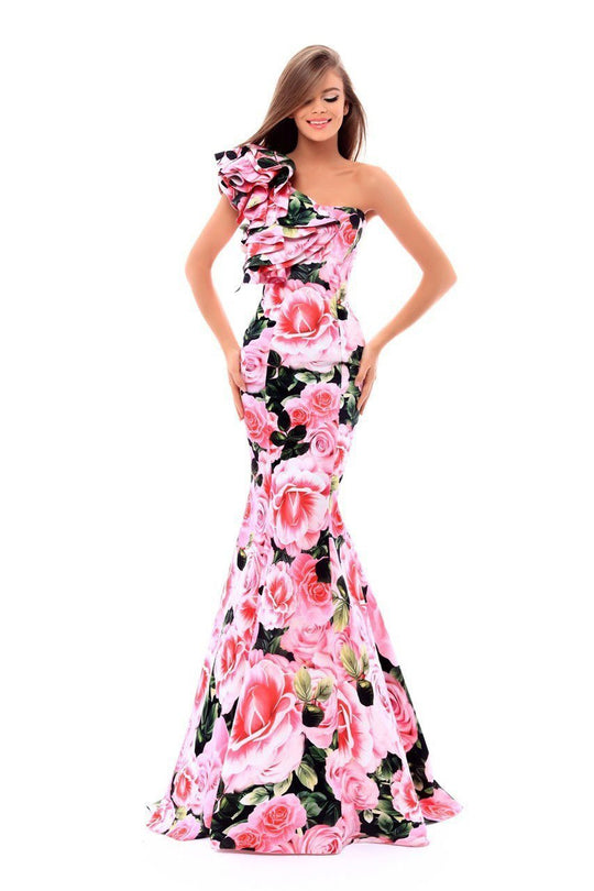 Tarik Ediz - 50308 Floral Print Asymmetric Mermaid Dress In Pink