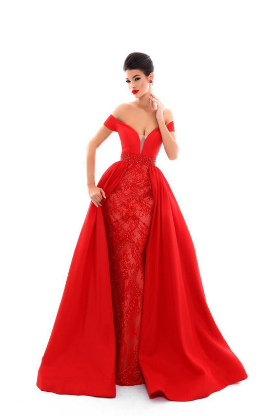 Tarik Ediz - 50309 Plunging Off Shoulder Sheath Dress In Red