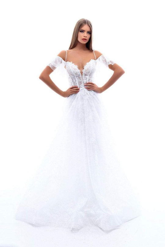 Tarik Ediz - 50319 Off-Shoulder Embellished Lace A-line Gown In White