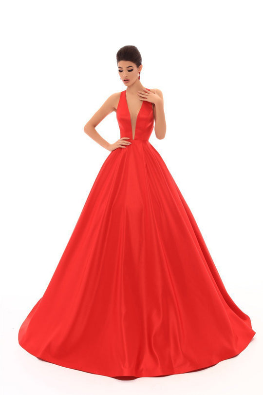 Tarik Ediz - 50401 Illusion Plunging Neck Satin Ballgown In Red