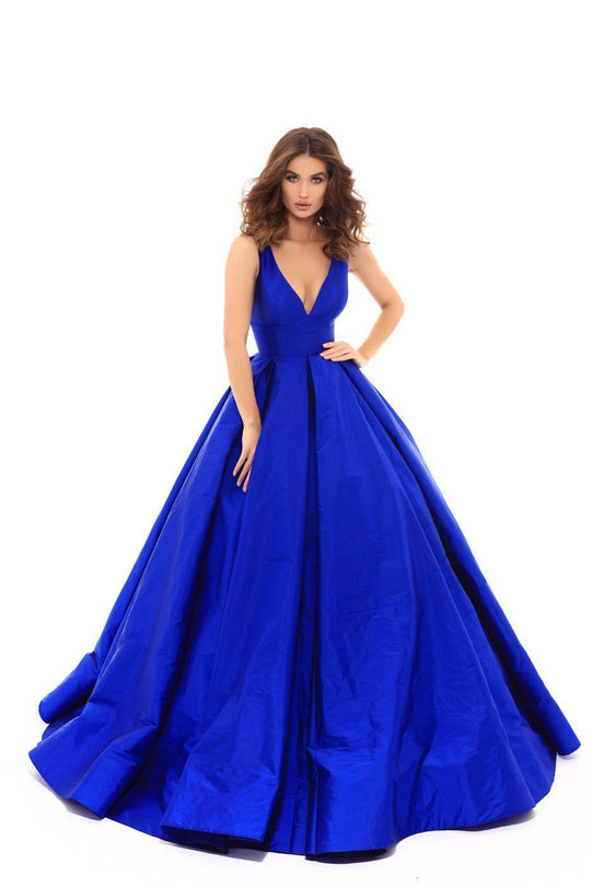 Tarik Ediz - Sleeveless V-Neck Taffeta Ballgown 50402  In Blue