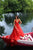 Tarik Ediz - 50405 Plunging V Neck Lace Gown with Overskirt In Red