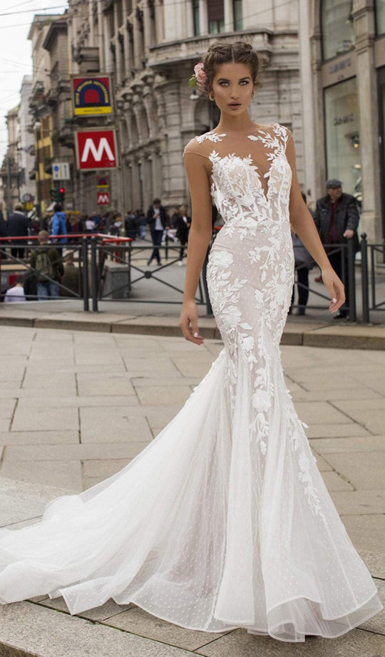 Tarik Ediz - 50406 Floral Lace Mermaid Dress With Train In White