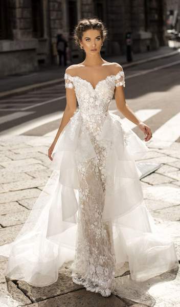 Tarik Ediz - Floral Embroidered Fitted Dress With Overskirt 50410 In White