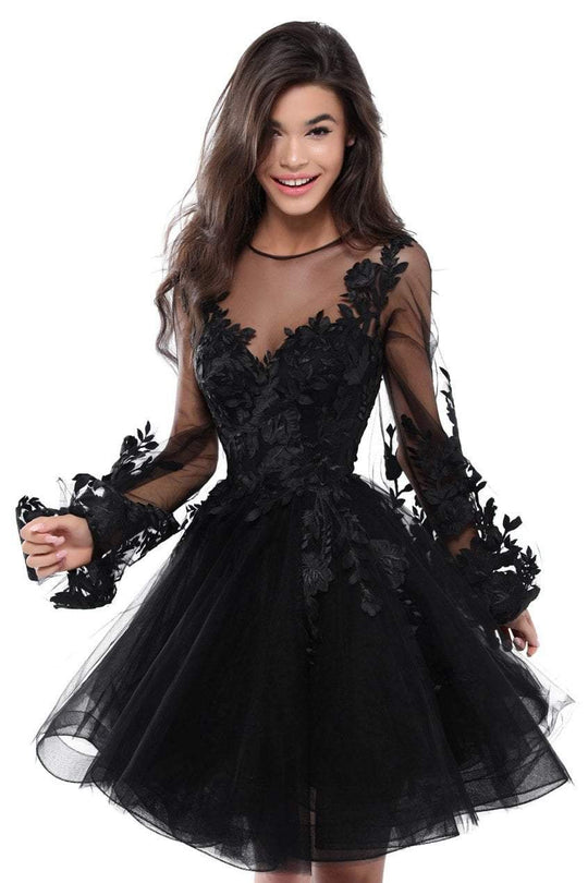 Tarik Ediz - 50414 Sheer Long Sleeve Floral Lace A-line Dress In Black