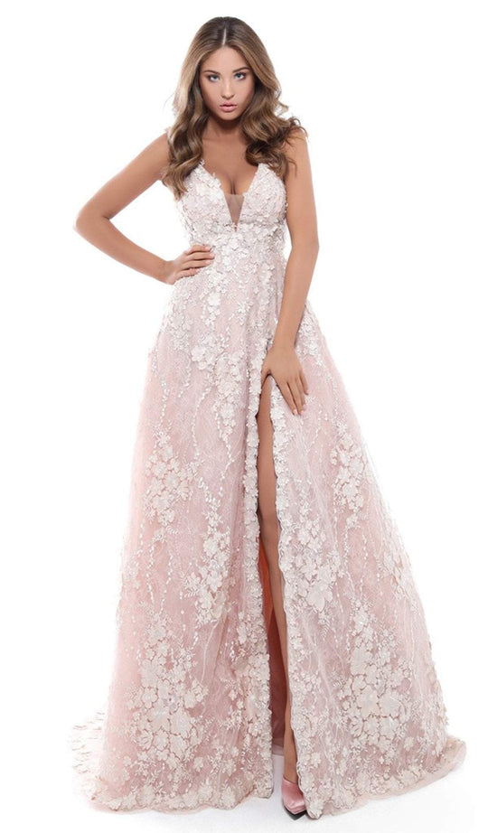 Tarik Ediz - 50418 Floral Lace Deep V-neck A-line Dress In Pink