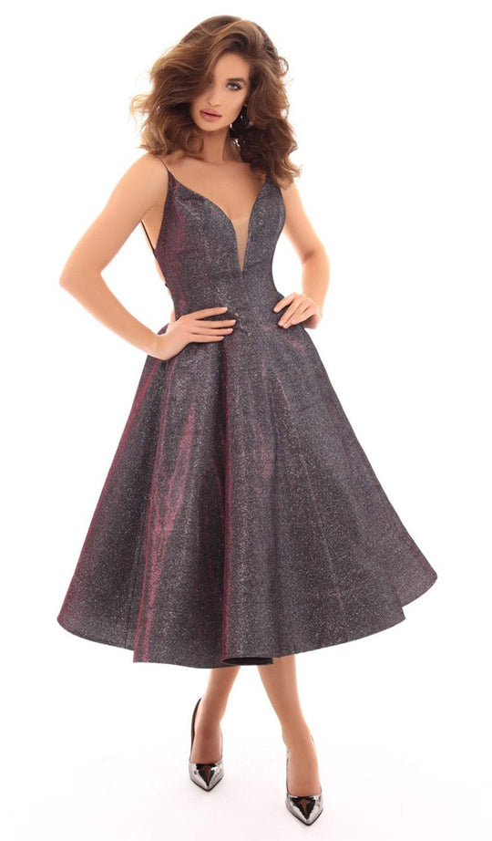 Tarik Ediz - 50425 Deep V-neck A-line Dress With Lace Up Back In Gray