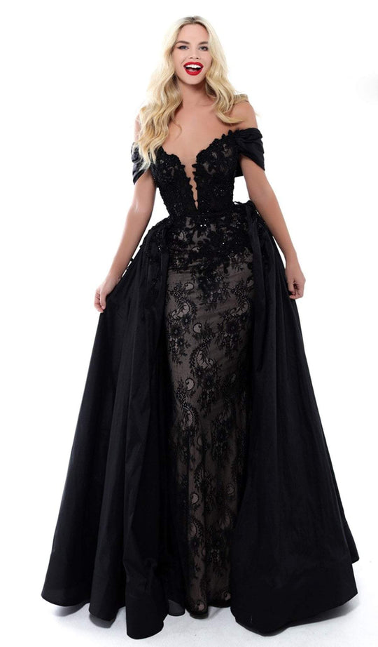 Tarik Ediz - 50429 Plunging Off-Shoulder Lace Sheath Dress With Train In Black