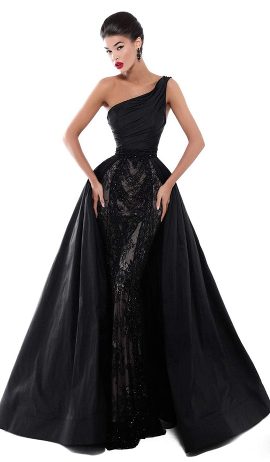 Tarik Ediz - 50435 Lace Embroidered Taffeta Gown With Overskirt In Black