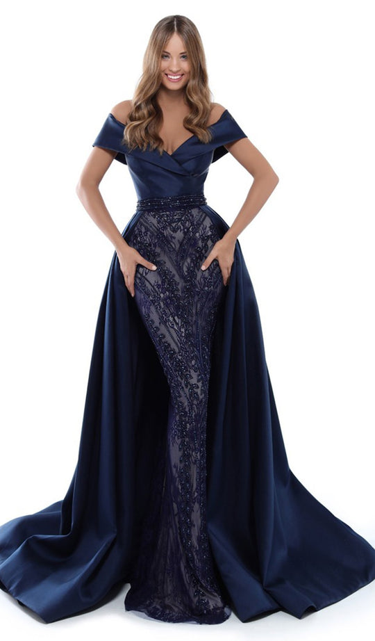 Tarik Ediz - 50437 Embroidered Plunging Off-Shoulder Trumpet Dress In Blue