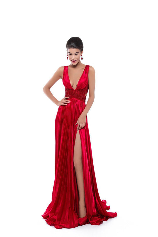 Tarik Ediz - 50446 Sequined Deep V-neck A-line Dress With Train In Red