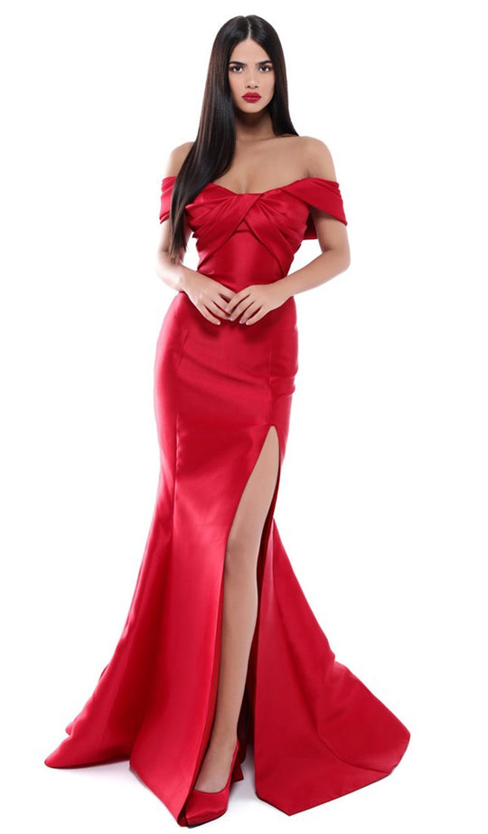 Tarik Ediz - Pleated Off-Shoulder Mermaid Dress 50448 In Red