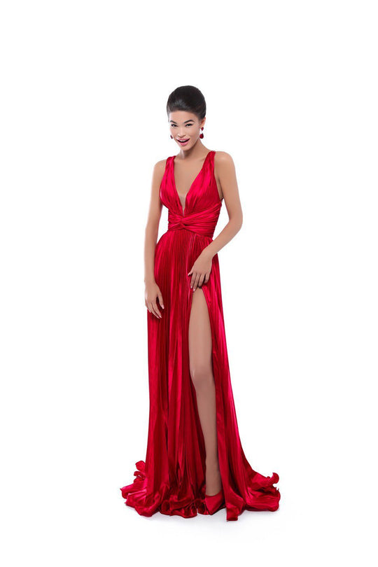 Tarik Ediz - 50449 Plunging V-Neck Pleated Gown with Slit In Red