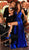 Tarik Ediz - 50449 Plunging V-Neck Pleated Gown with Slit In Blue